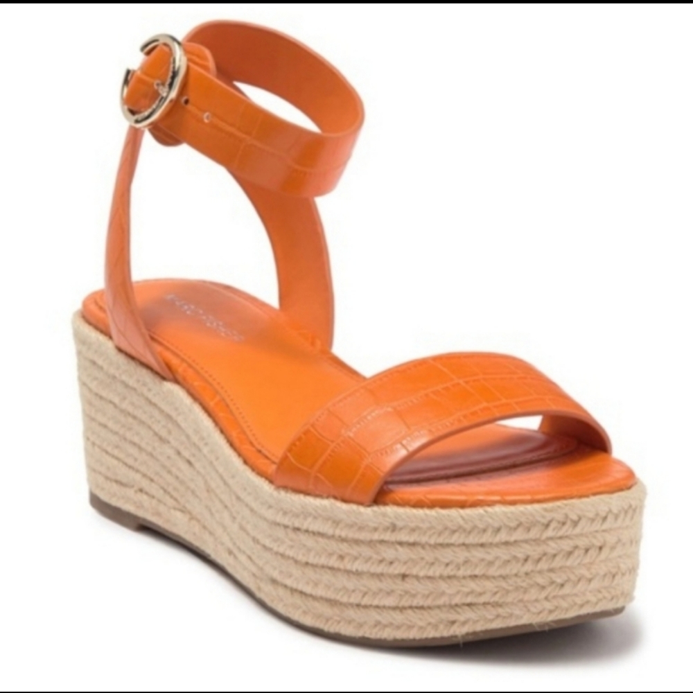 Marc Fisher Jenia Orange Croc Embossed Platform Wedge Espadrille Sandal size 5